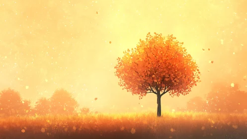 Solitary autumn tree glows within golden sunrise field.