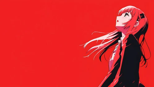Anime girl in red void with windblown hair and gaze up.