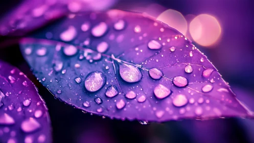 Violet leaf macro with luminous raindrops and bokeh glow.