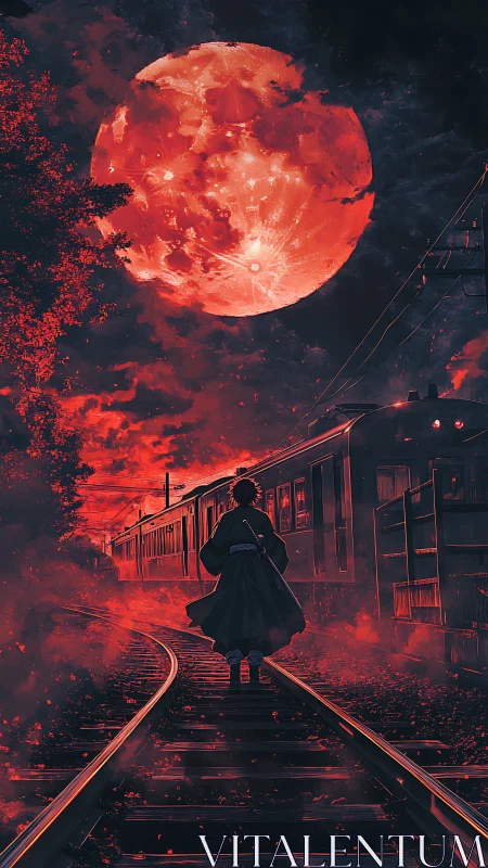 Lone swordsman walks bloodlit tracks beneath a burning moon