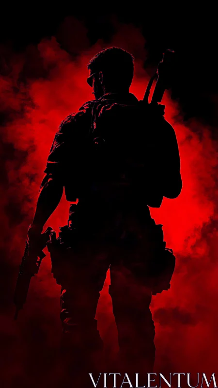 Photorealistic soldier silhouette in red atmospheric backlight.