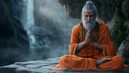 Elderly ascetic sits cross‑legged in orange robes by waterfall