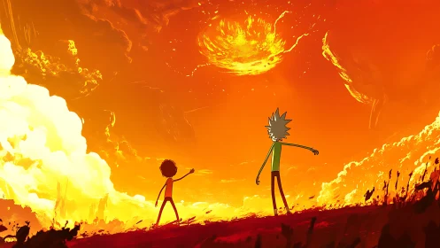 Apocalyptic orange sky with stylized duo observing cosmic firestorm
