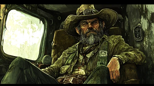 Bearded man in worn hat sitting in aged vehicle interior.