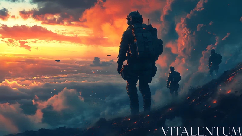 Futuristic soldiers crossing burning ridge above sunset clouds.