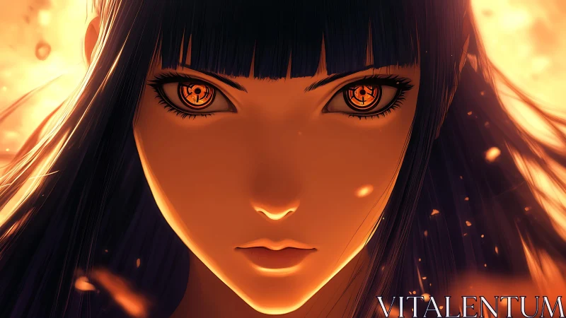 Fiery-eyed anime heroine faces glowing embers in silence.