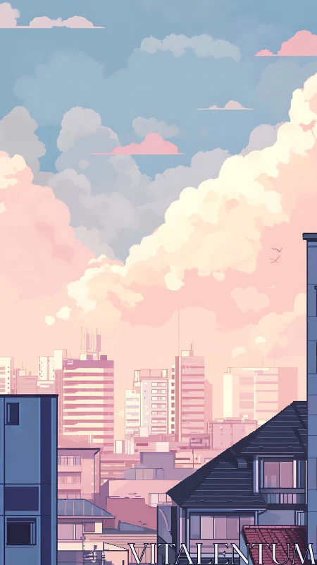 Soft pastel city skyline under towering evening clouds.