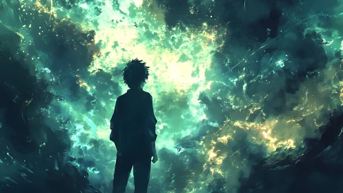 Silhouetted figure observing luminous abstract sky field.