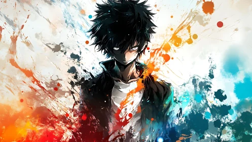 Brooding anime antihero amid explosive chromatic splashes.