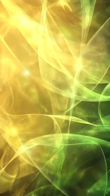 Luminous green and gold wave ribbons drift through abstract space