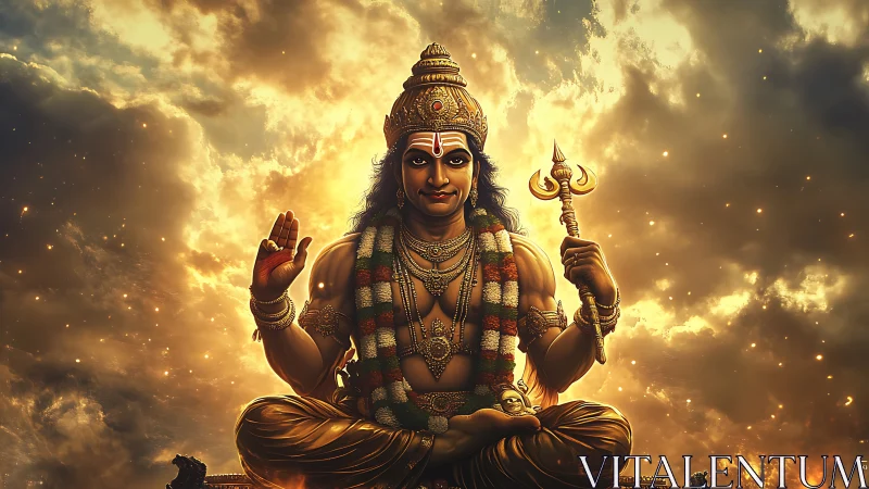 Radiant divine deity seated in blazing celestial clouds.