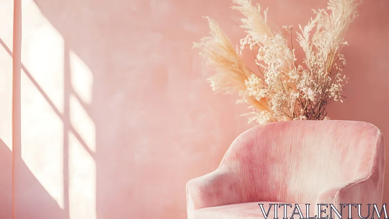 Soft pink armchair and dried blooms in lazy afternoon light.