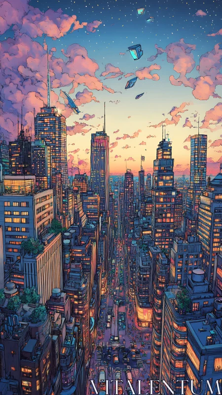 Sunset skyline where cozy city lights meet drifting stars.