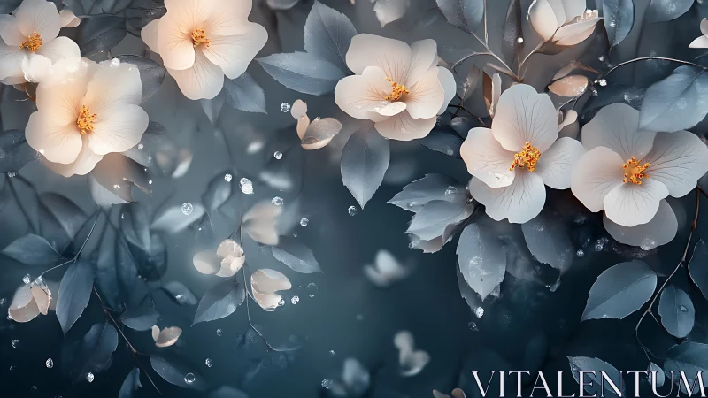 Pale Blossoms with Golden Stamens Among Slate Foliage.