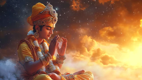 Deity figure in ornate attire against luminous clouded sky.