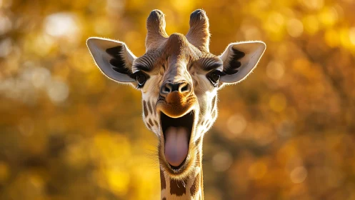 Giraffe portrait captures wide-mouthed expression in gold light.