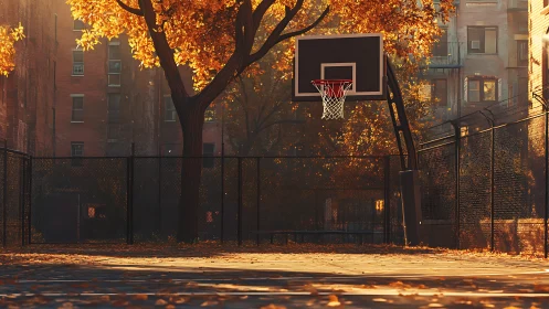 Autumn city court glows beneath falling leaves and quiet hoops.