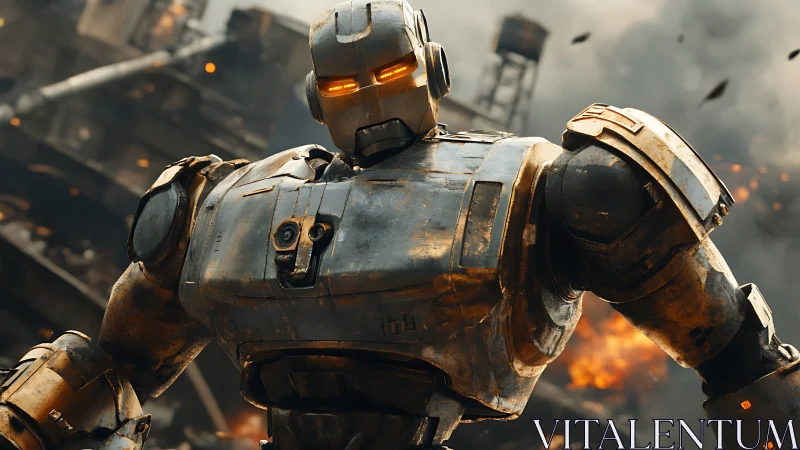Weathered battle robot glowing with calm, steady power.