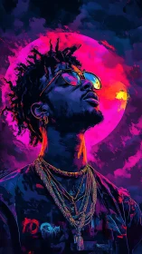 Neon-lit dreamer gazes skyward beneath an electric moon.