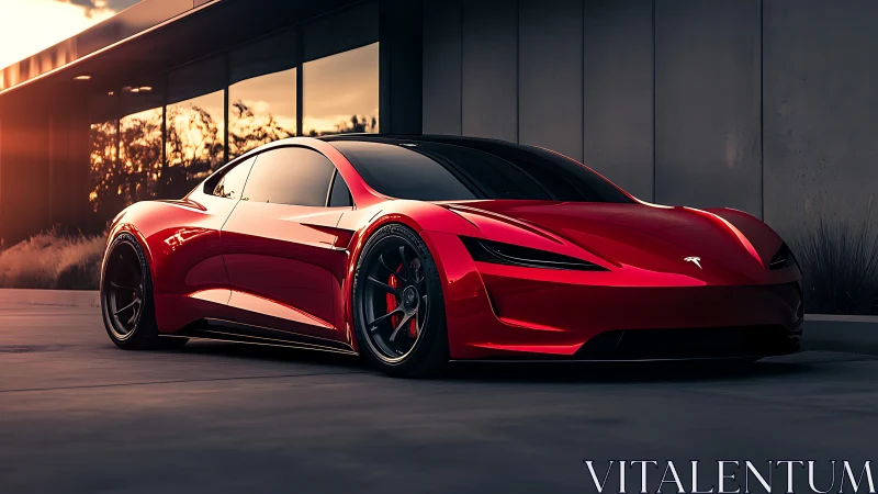 Sleek red electric supercar gleams at sunset outside studio