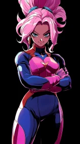 Neon-braided space heroine blazing confidence in shadowed void.