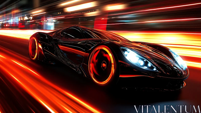 Futuristic black sports car on illuminated urban roadway.