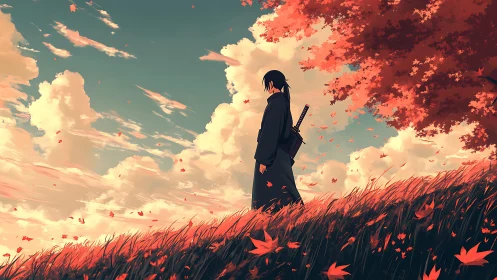 Quiet samurai enjoys a windy autumn hillside beneath soft clouds