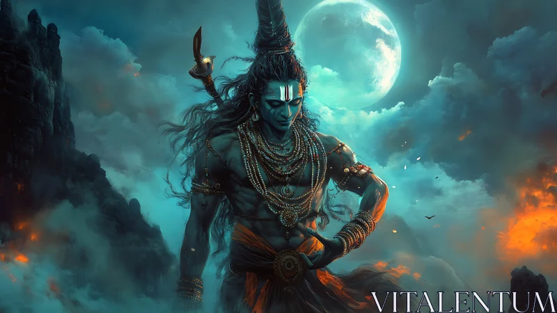 Moonlit storm crowns the meditative blue warrior of flame