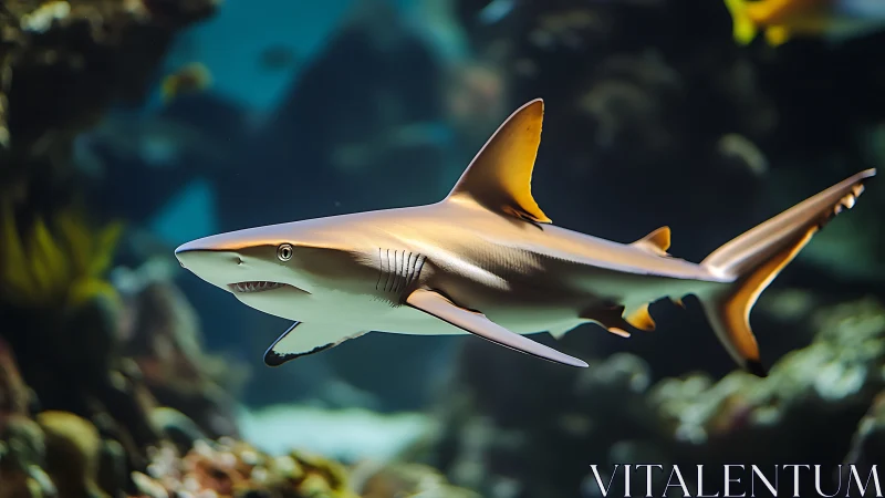 Graceful reef shark gliding through a colorful ocean world.