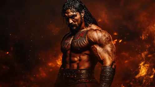Battle-scarred warrior in fiery backlight showcases heroic anatomy