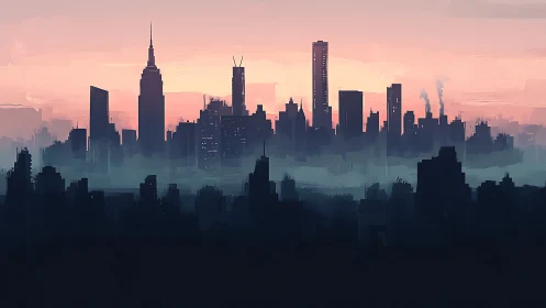 Digital city skyline under soft pink dawn haze.