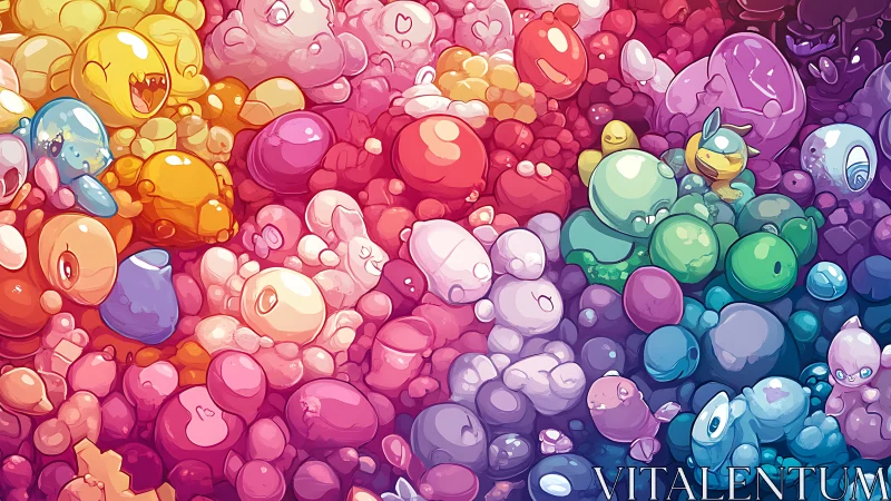 Chromatic creature cluster with glossy bubble gradients.