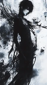 Shadowborn figure rises through ink-splattered monochrome void.