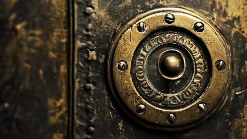 Close-up of aged brass doorbell on weathered metal surface.