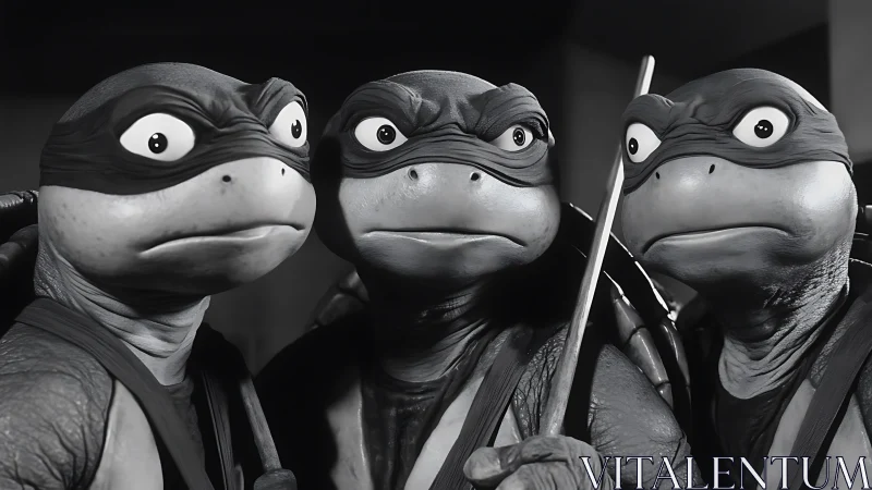 Three masked humanoid turtles stare forward in close-up
