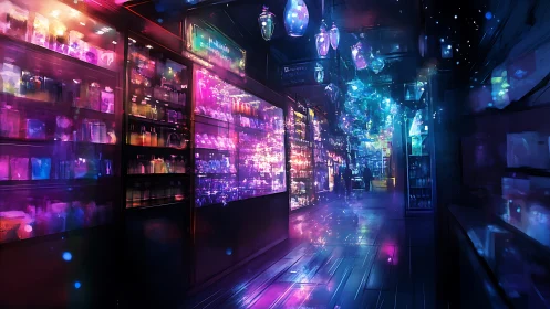 Neon lit corridor with glass shelves and suspended lights.