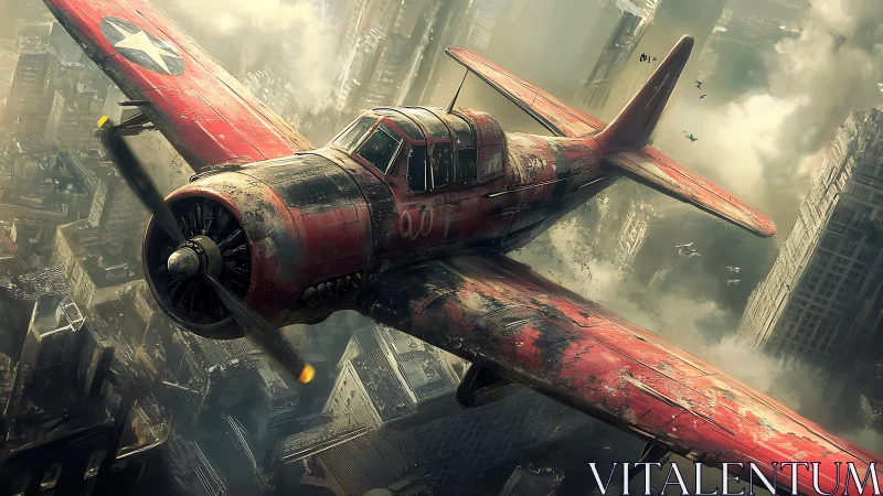 Weathered red fighter plane soaring above misty city ruins.