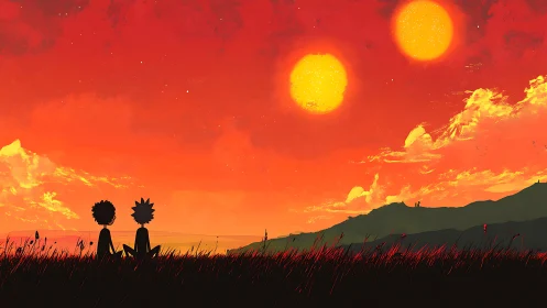 Digital sunset panorama with dual suns and silhouetted figures.