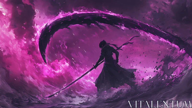 Digital painting of scythe-wielding warrior in magenta storm.