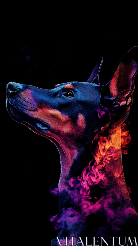 Neon canine profile with colored vapor on black background.