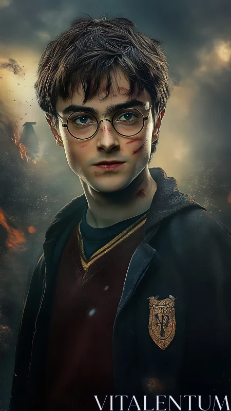 Young wizard standing brave in stormy ember-lit dusk.