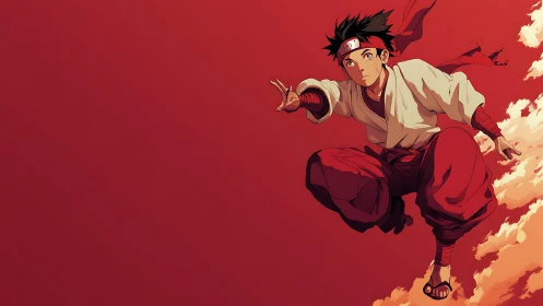Martial artist boy jumps across red sky with cloud trail