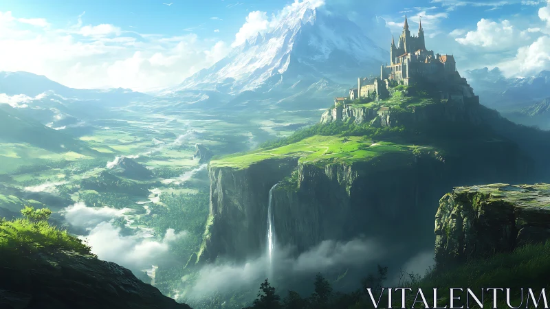 Fantasy castle on high cliffs above misty green valley.