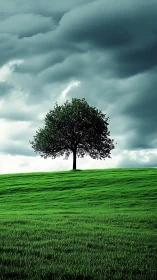 Solitary tree crowns vivid green hill beneath storm sky.