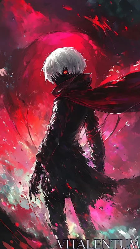 Crimson storm walker with glowing eye and tattered scarf.