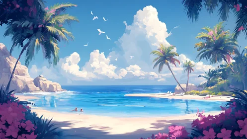 Tropical Paradise Beach with Palm Trees and Blue Waters.