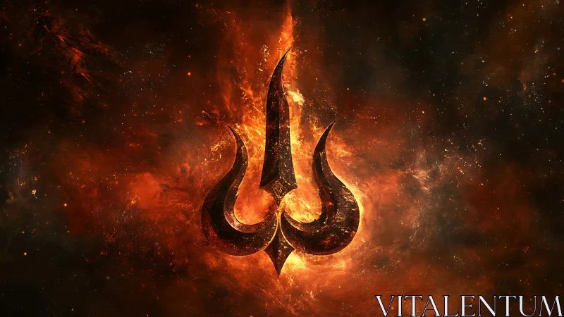 Flaming trident-shaped emblem burns within a cosmic nebula
