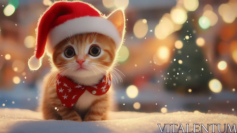 Tiny Christmas kitten in a Santa hat sharing cozy cheer.
