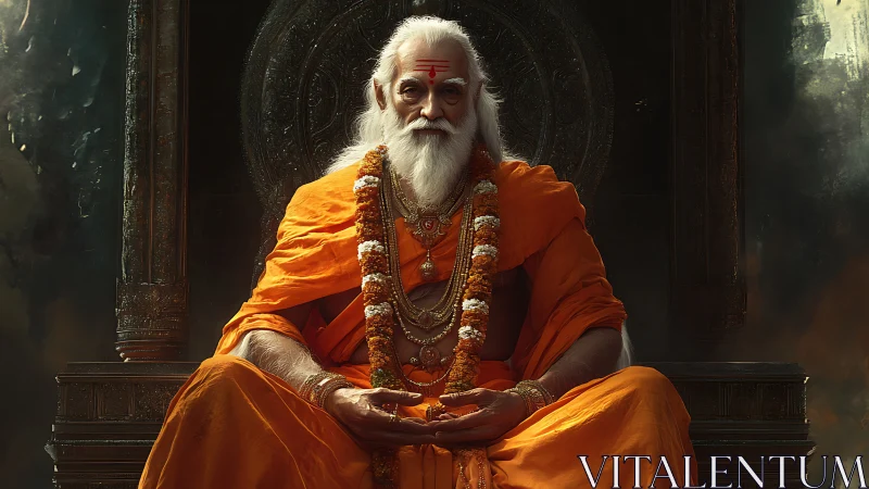 Digital painting portrait of regal sage on ornate throne.