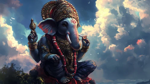Divine elephant deity in luminous sky digital painting.